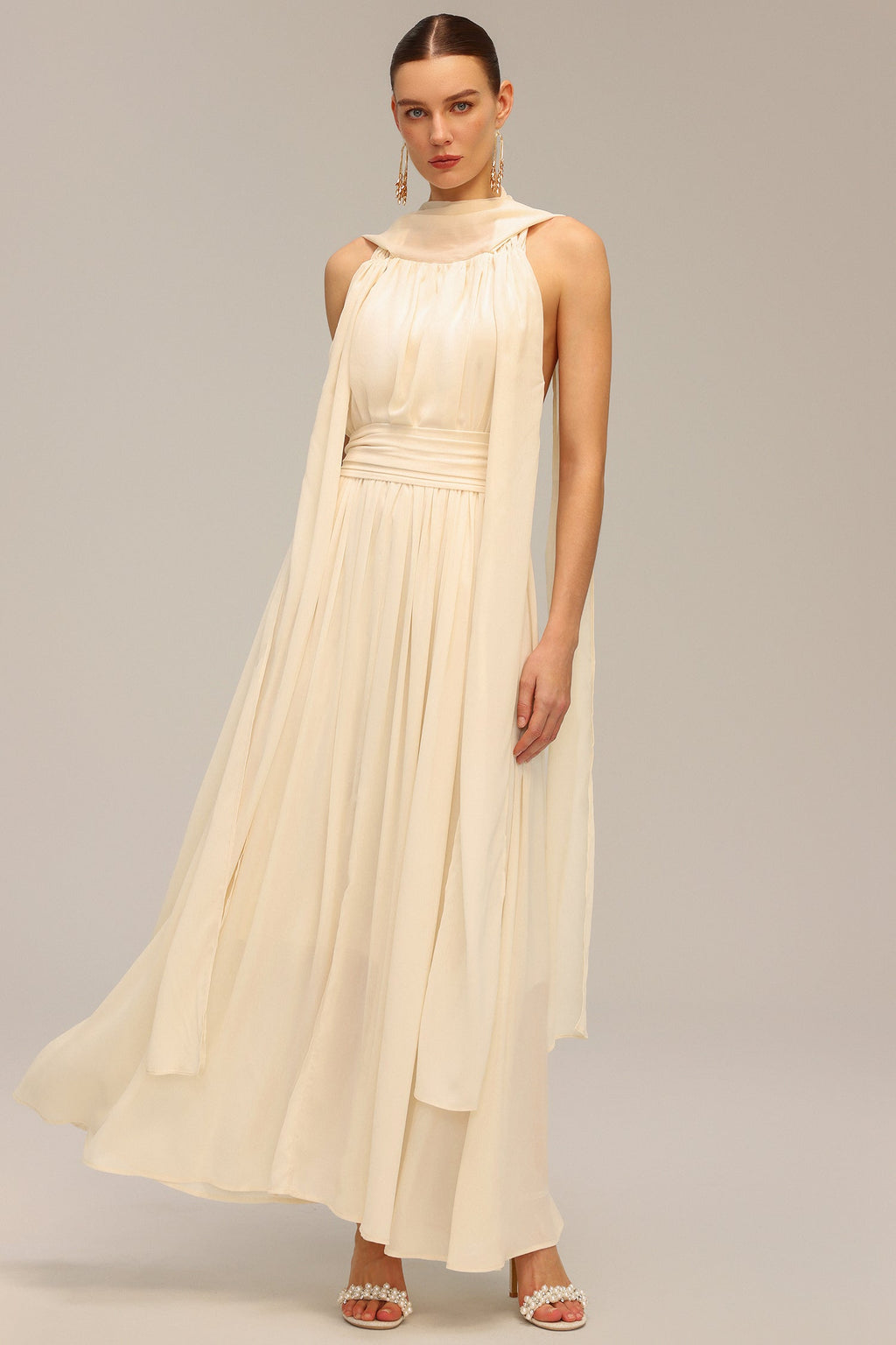 Lily Beige Backless Sleeveless Draped Neckline Dress with Folds and Streamer Accents for Special Occasions