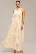 Lily Beige Backless Sleeveless Draped Neckline Dress with Folds and Streamer Accents for Special Occasions