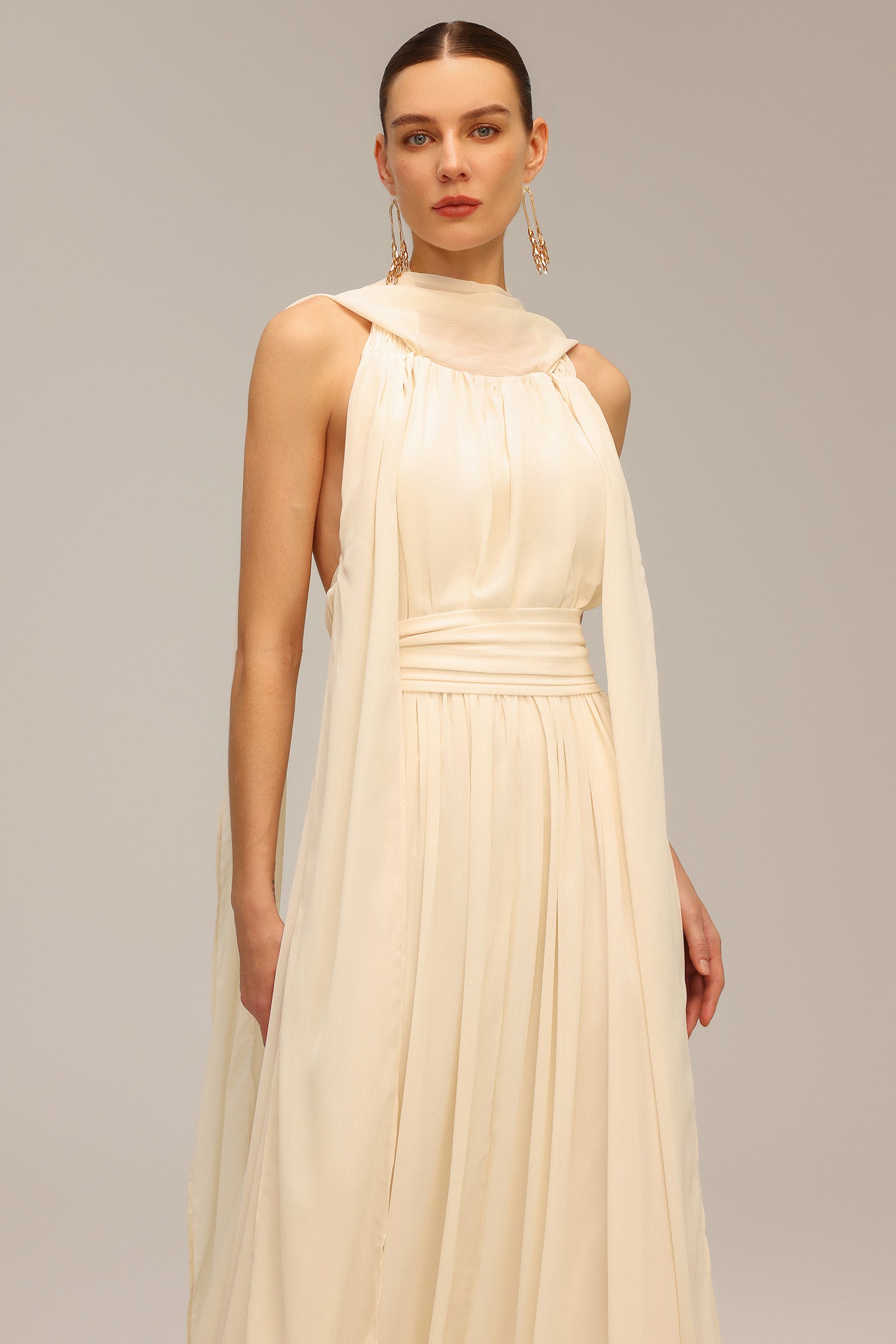 Lily Beige Backless Sleeveless Draped Neckline Dress