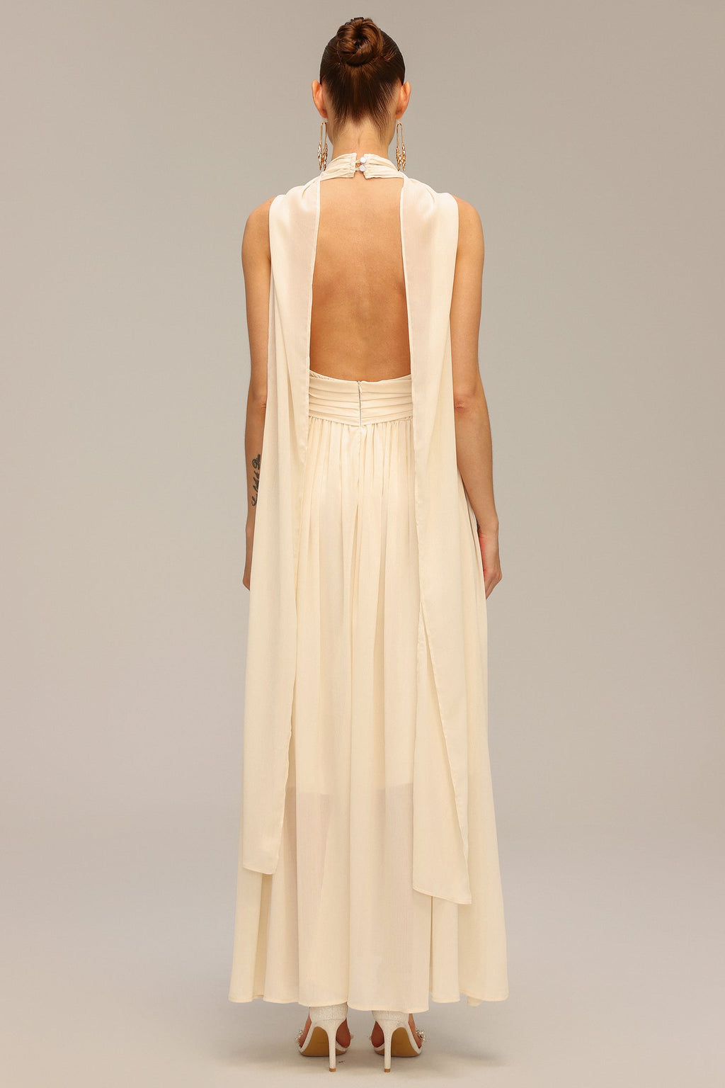 Lily Beige Backless Sleeveless Draped Neckline Dress