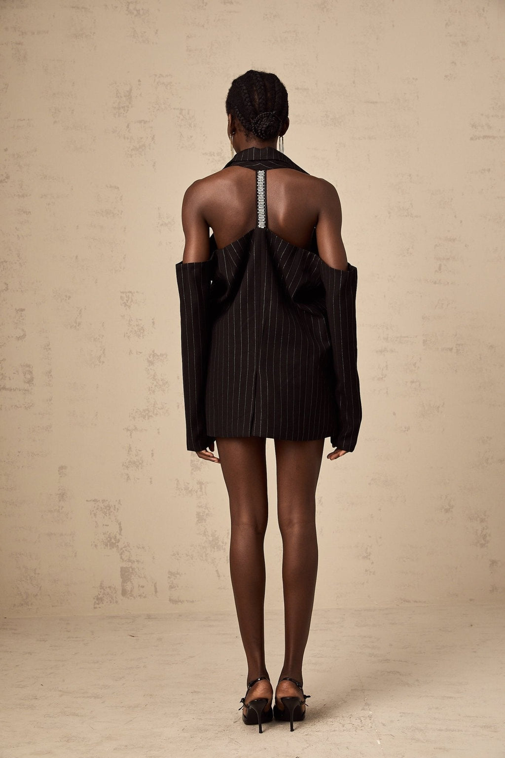 Lily Blazer Black Striped Open Back Peaked