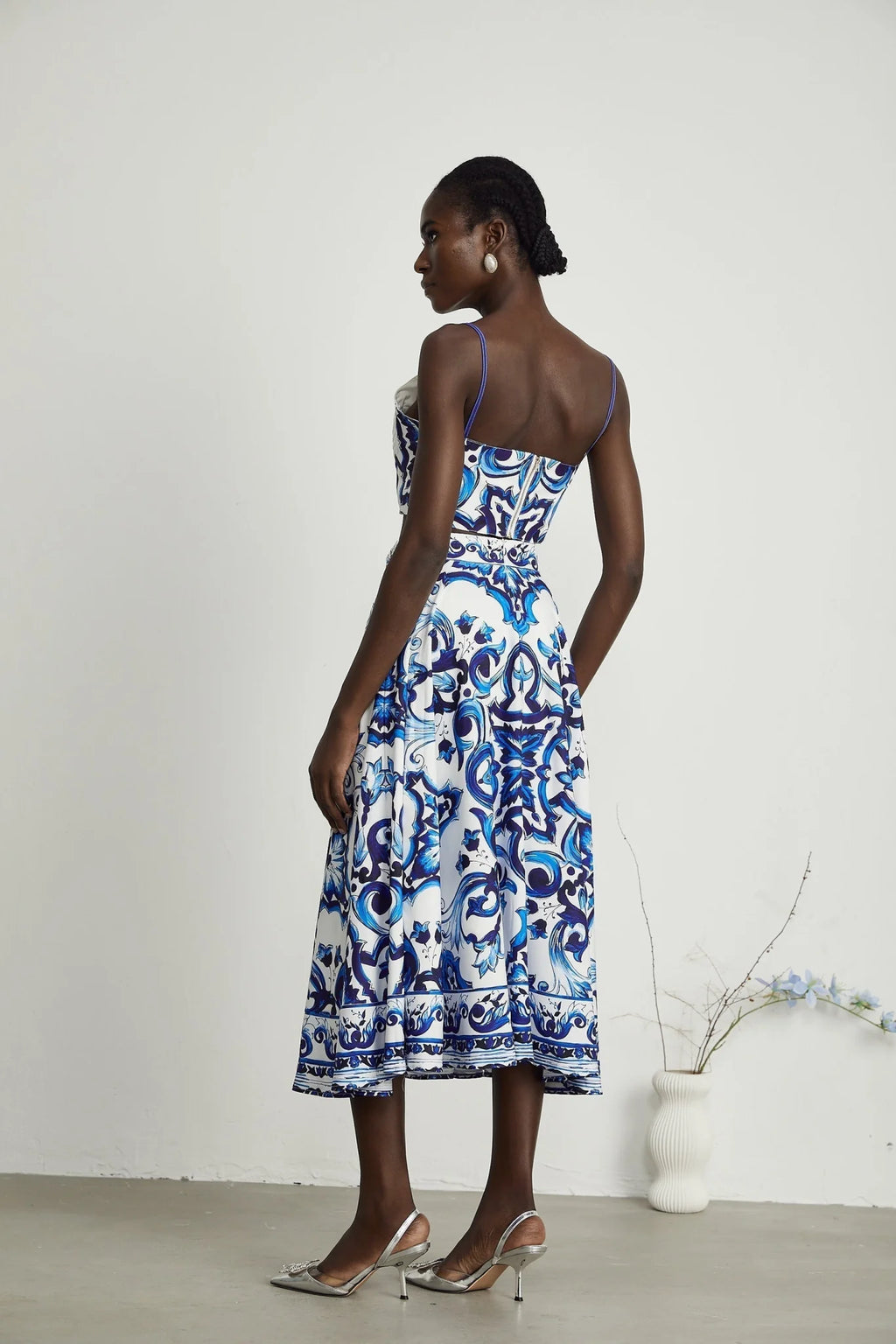 Lily Skirt & Top Set Blue & White Graphic Printed with Gold Accents