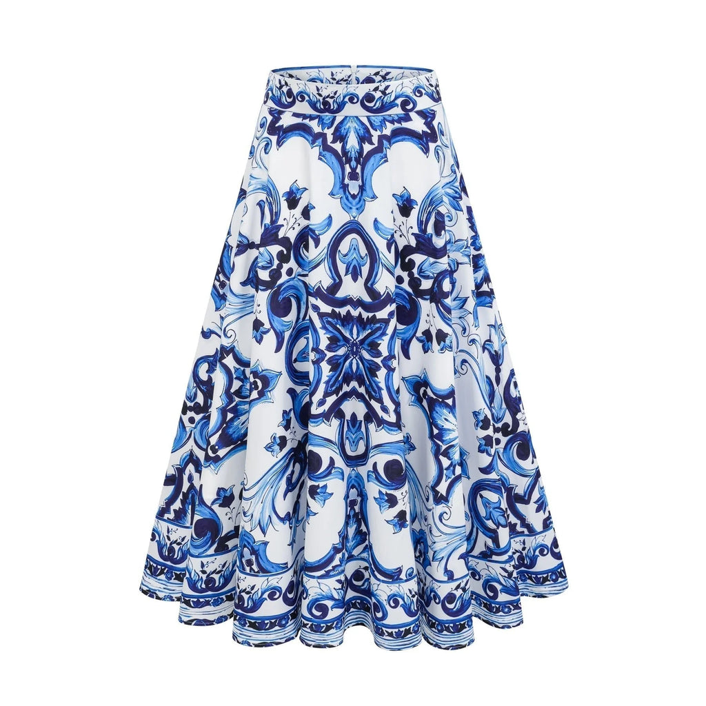 Lily Skirt & Top Set Blue & White Graphic Printed with Gold Accents