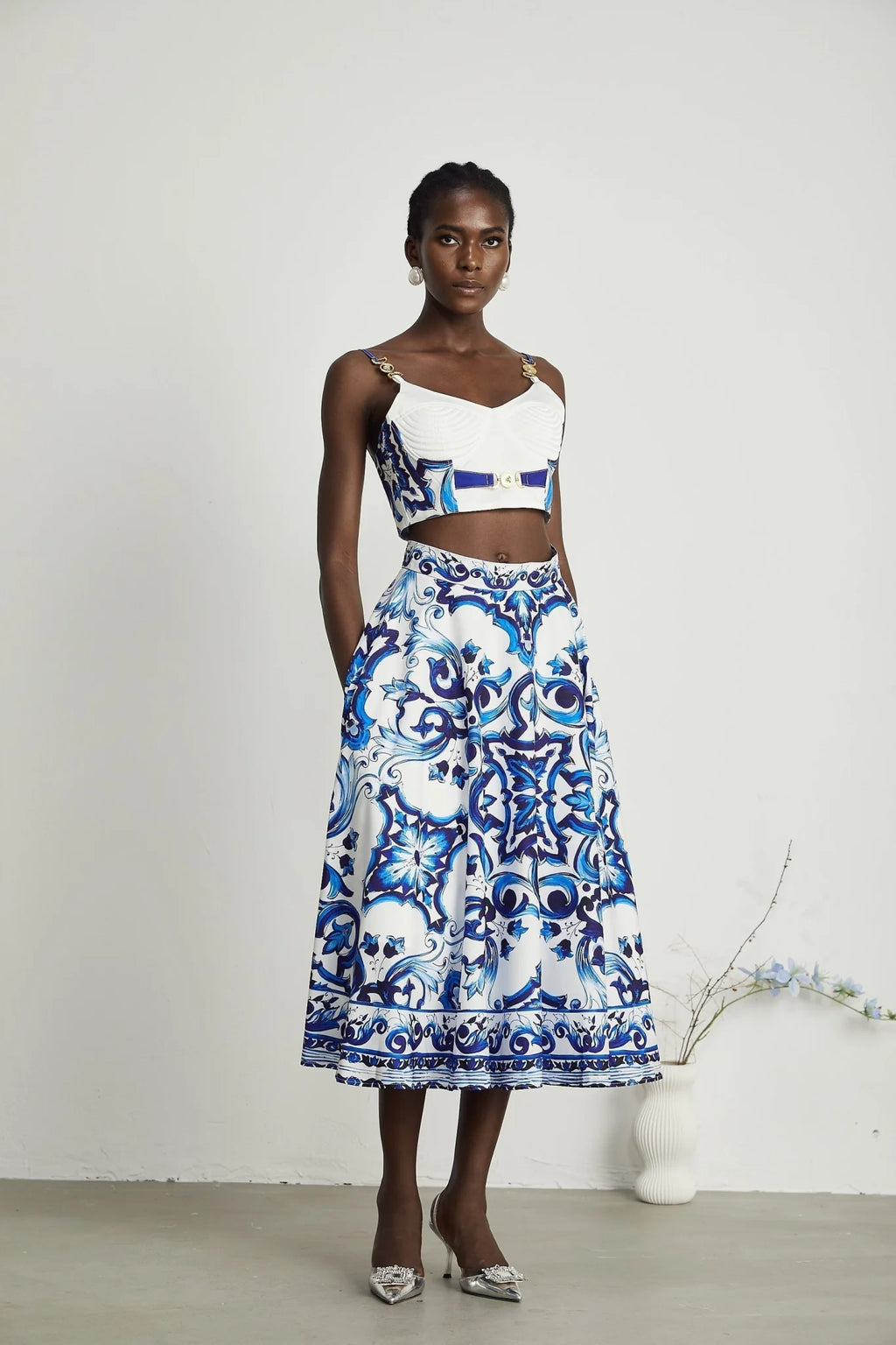 Lily Skirt & Top Set Blue & White Graphic Printed with Gold Accents