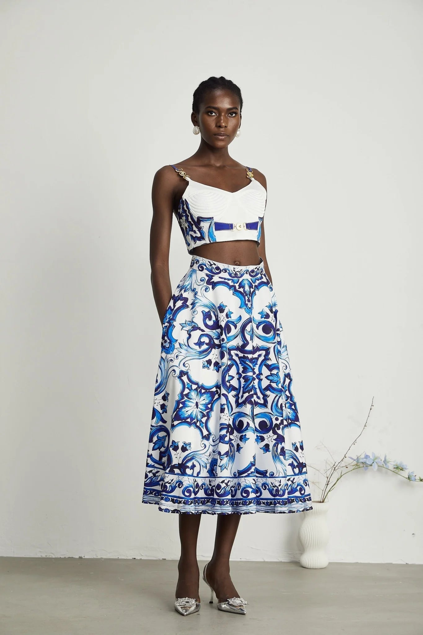 Lily Skirt & Top Set Blue & White Graphic Printed with Gold Accents