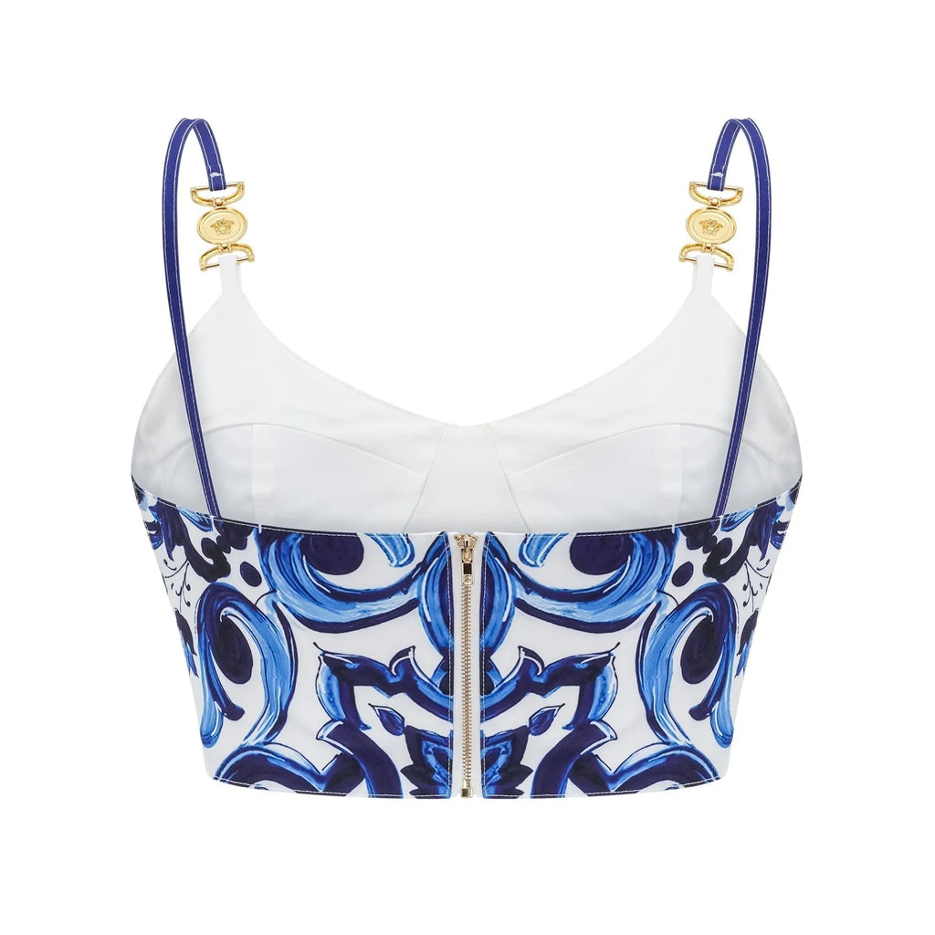 Lily Skirt & Top Set Blue & White Graphic Printed with Gold Accents