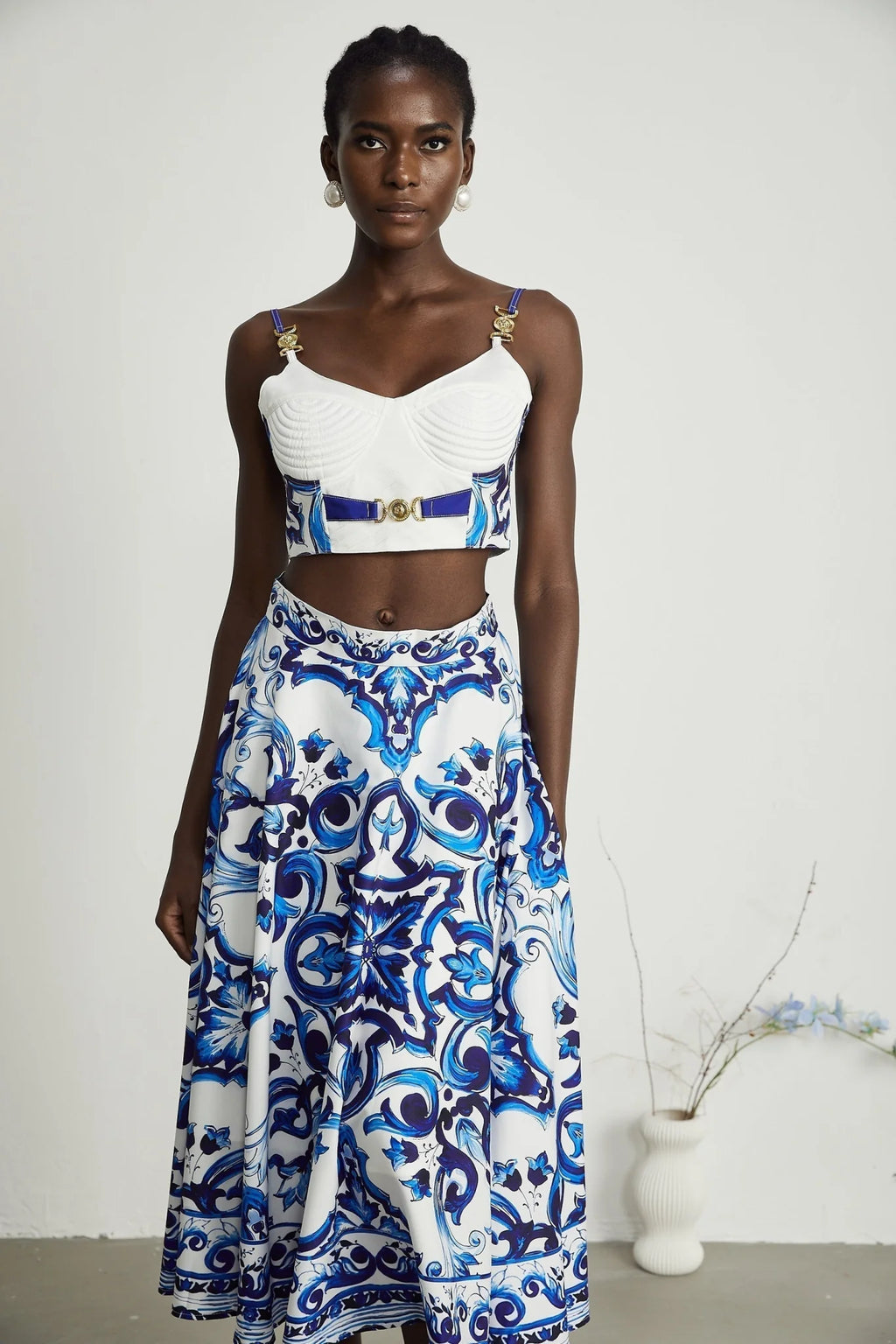Lily Skirt & Top Set Blue & White Graphic Printed with Gold Accents