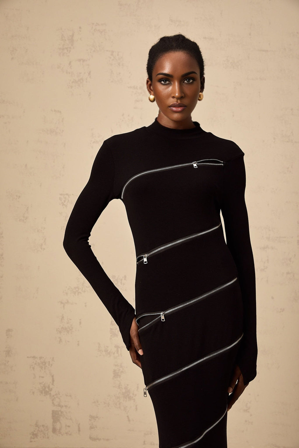 Lina Maxi Dress in Black with Trendy Mock Neck Long Sleeves & Zip Detailing