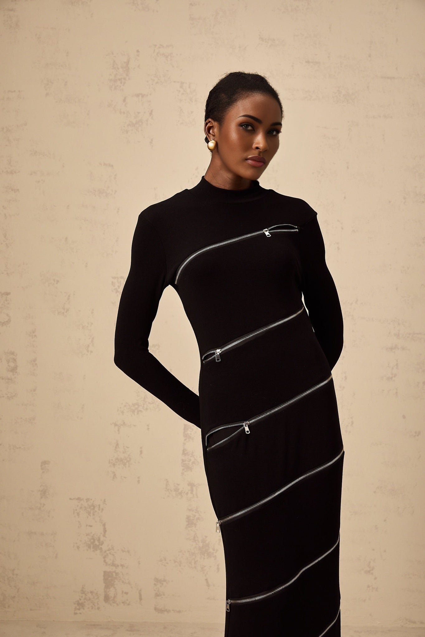 Lina Maxi Dress in Black with Trendy Mock Neck Long Sleeves & Zip Detailing