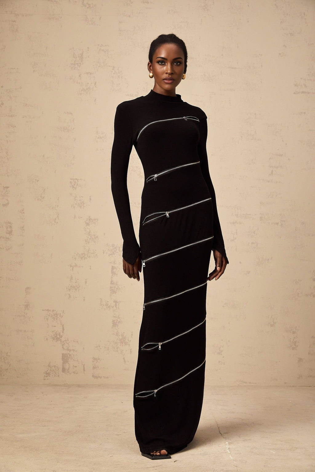 Lina Maxi Dress in Black with Trendy Mock Neck Long Sleeves & Zip Detailing