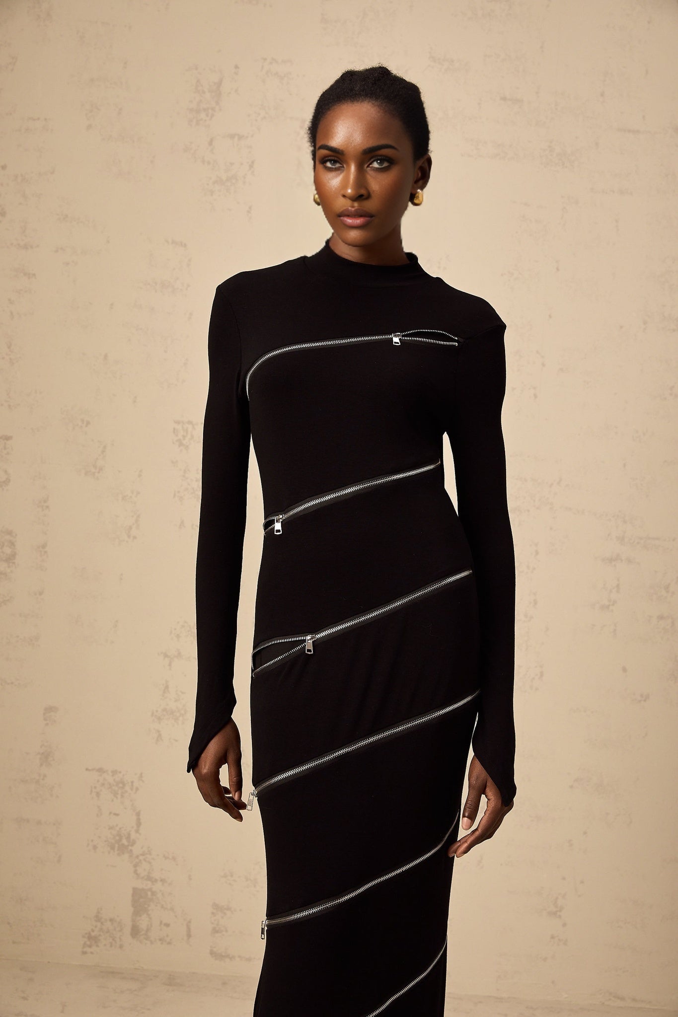 Lina Maxi Dress in Black with Trendy Mock Neck Long Sleeves & Zip Detailing