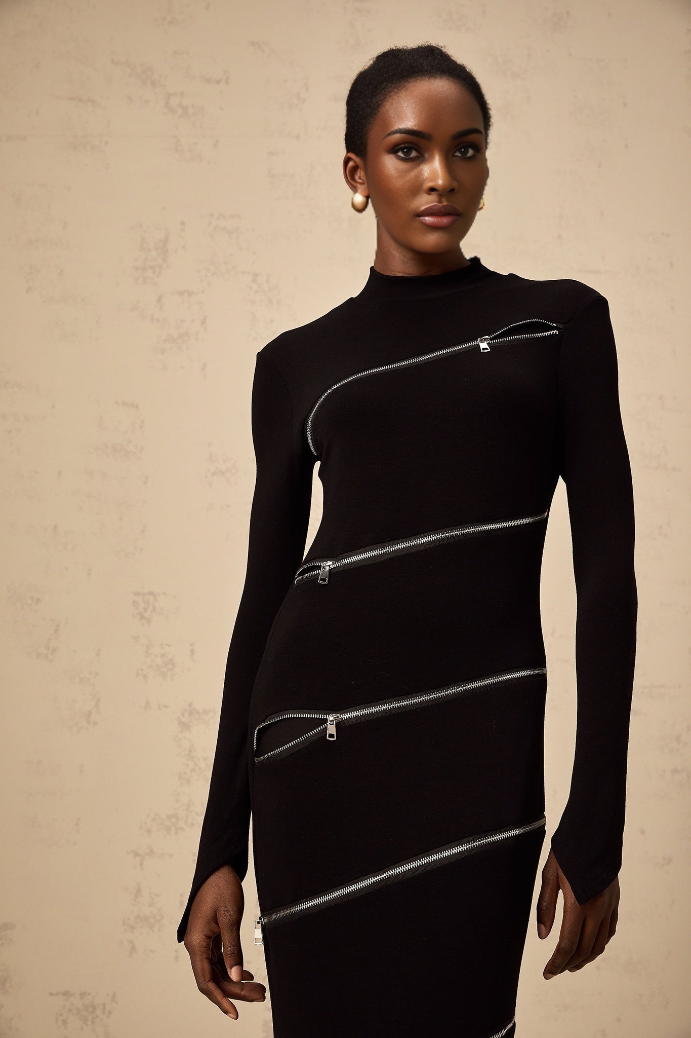 Lina Maxi Dress in Black with Trendy Mock Neck Long Sleeves & Zip Detailing
