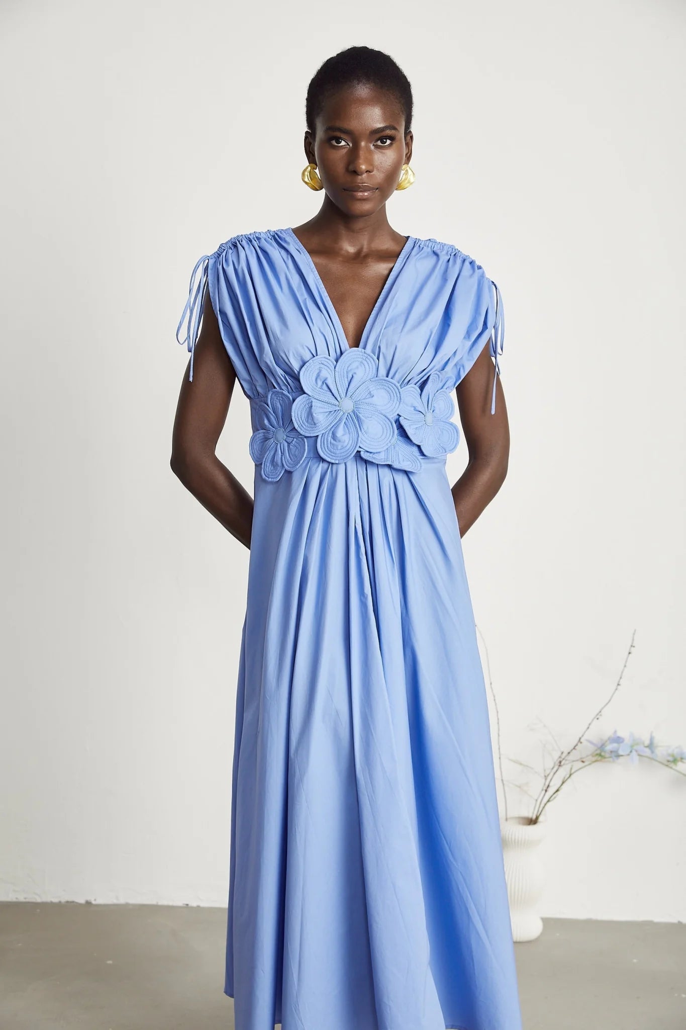 Lina Maxi Dress - V - Neckline - Short Sleeves - 3D Petal Detailing - Ribbon Feature