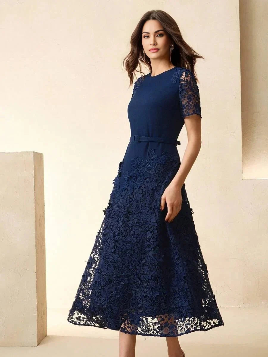 Lina Midi Dress - Round Neck - Formal & Evening - Regular Sleeve - High Waist - Elegant