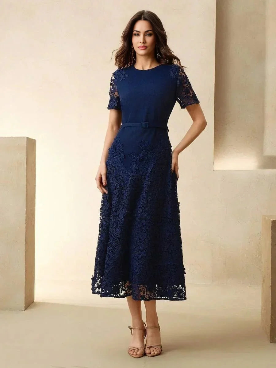 Lina Midi Dress - Round Neck - Formal & Evening - Regular Sleeve - High Waist - Elegant