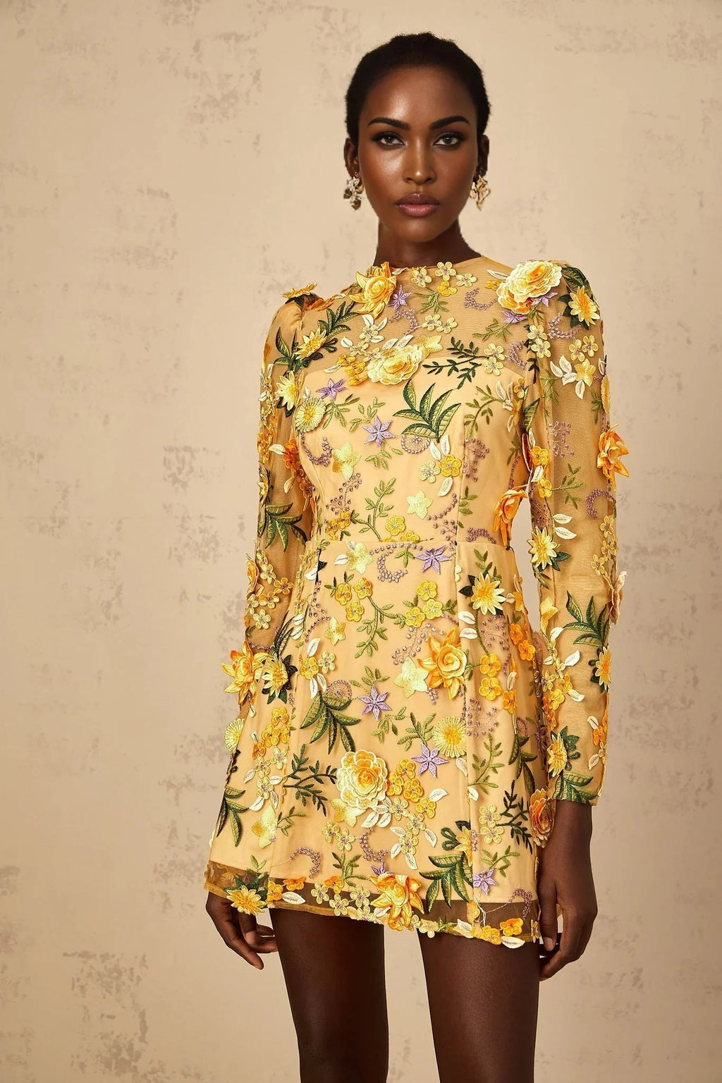 Lina Mini Dress 3D Floral Appliqu Yellow Garden
