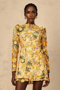 Lina Mini Dress 3D Floral Appliqu Yellow Garden
