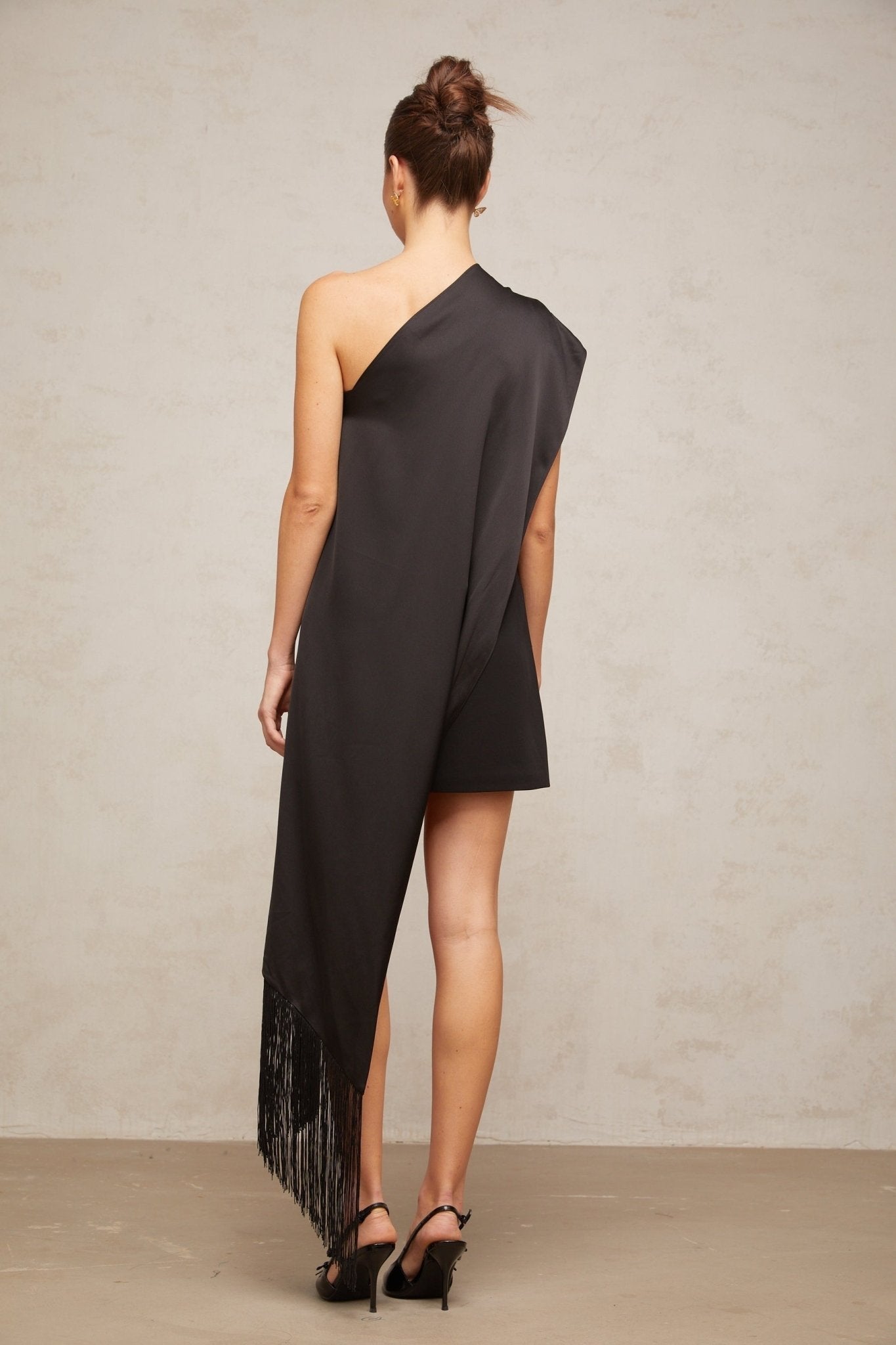 Lina Mini Dress Black One Shoulder Tassel & Detachable Shawl
