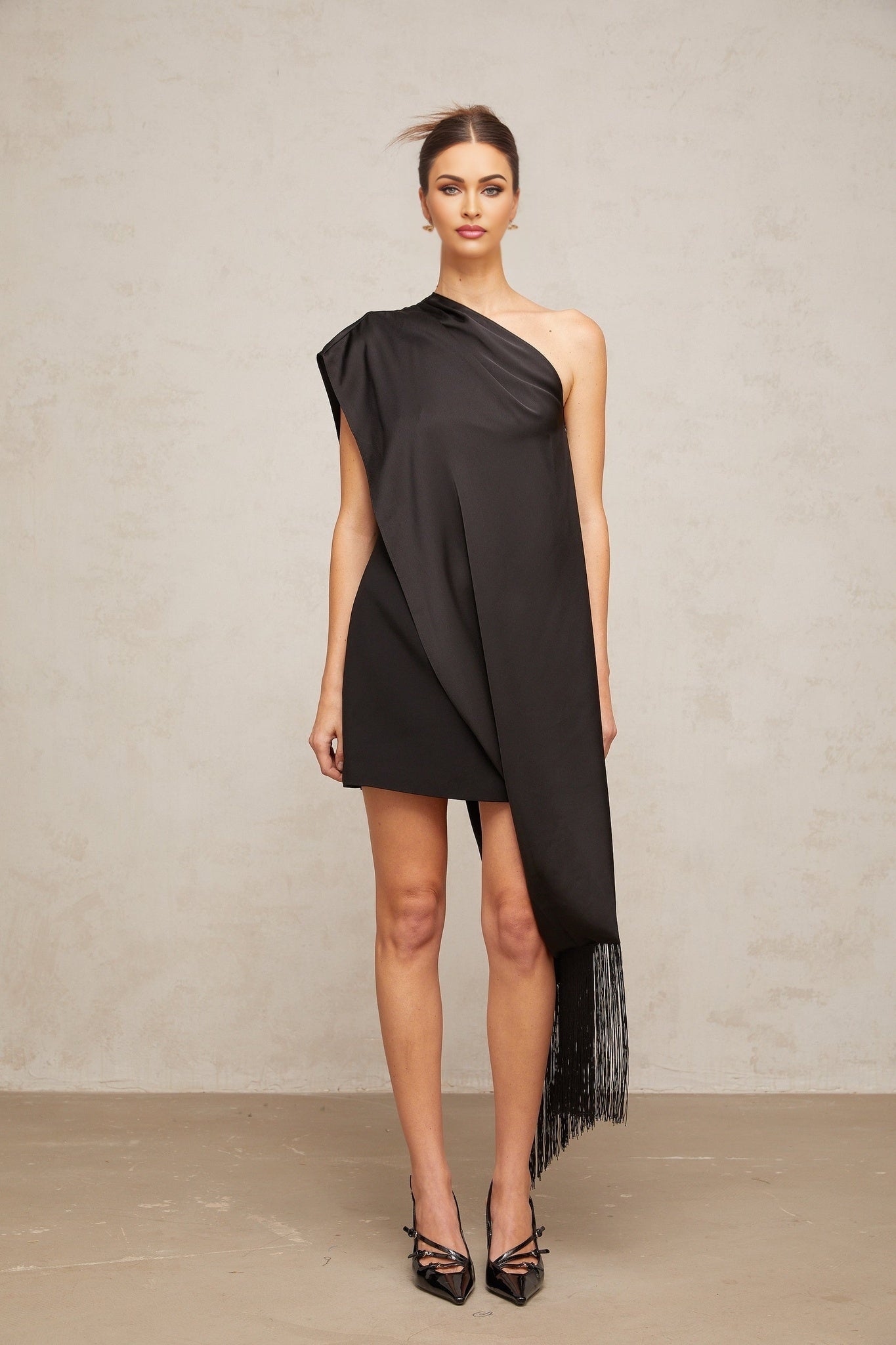 Lina Mini Dress Black One Shoulder Tassel & Detachable Shawl