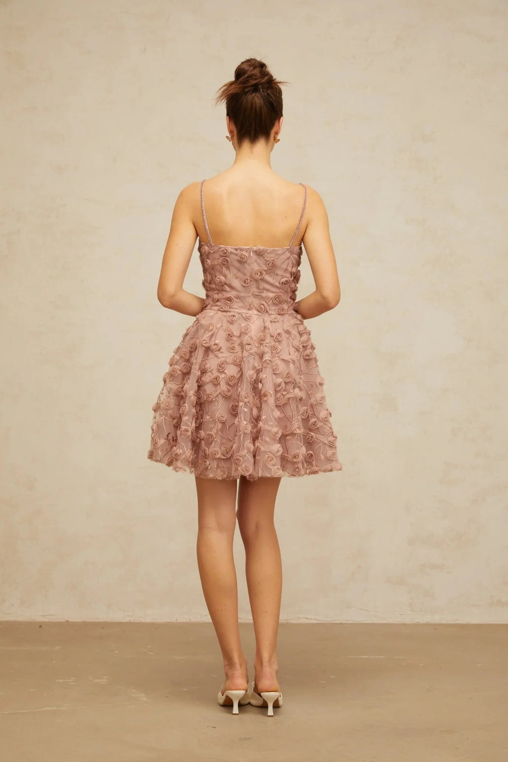 Lina Mini Dress Dusty - Pink Rose Appliqu Flounce Hem