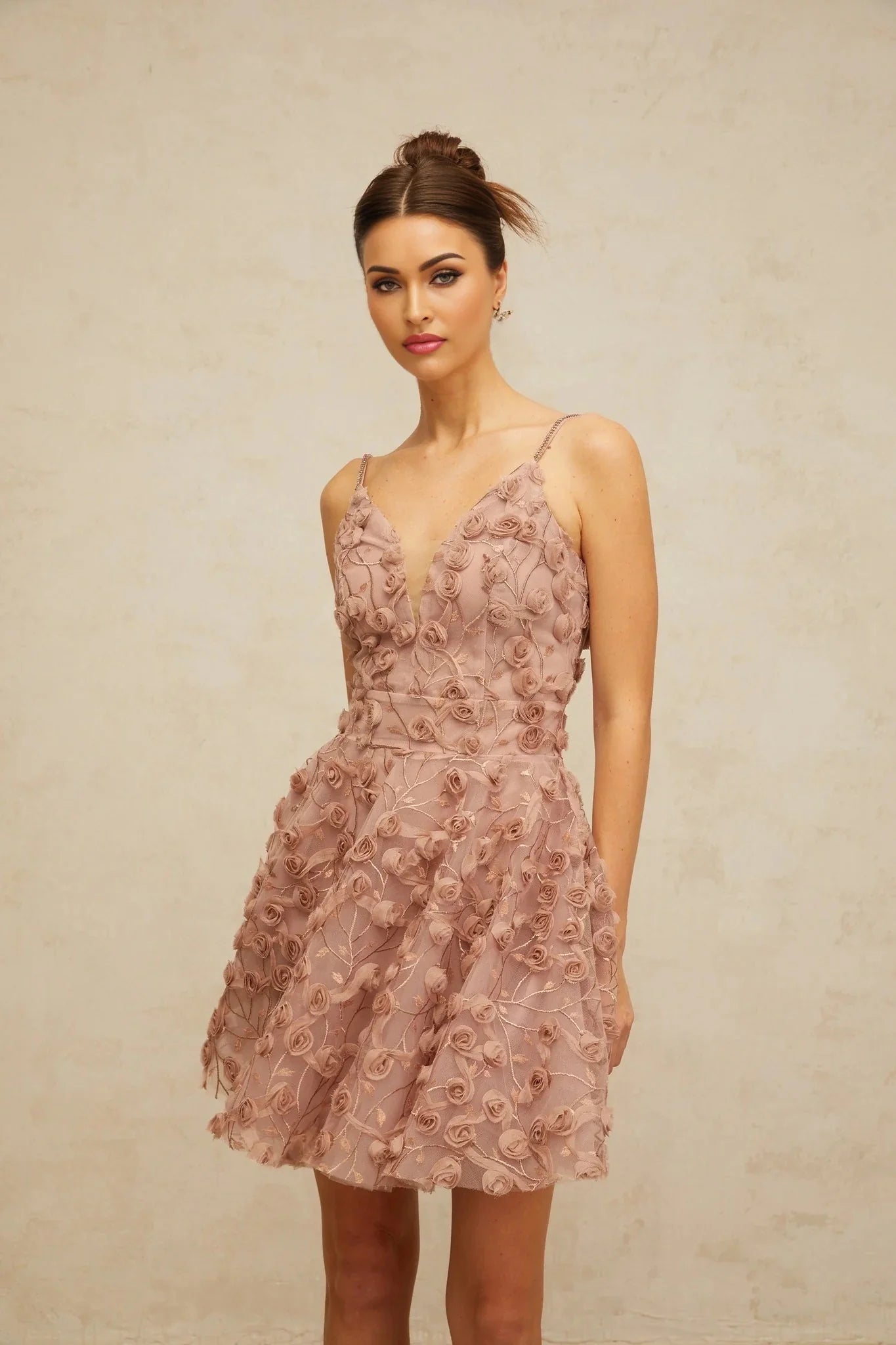 Lina Mini Dress Dusty - Pink Rose Appliqu Flounce Hem