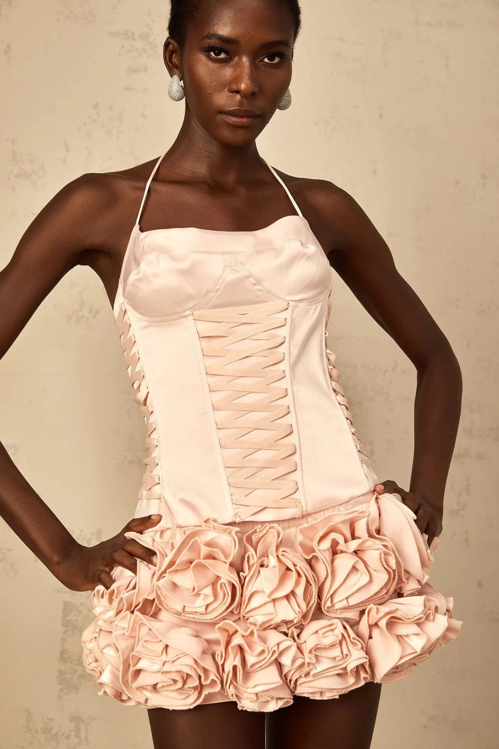 Lina Top & Skirt Set Pink Faux - Flower Halter Corset Mini Elasticized