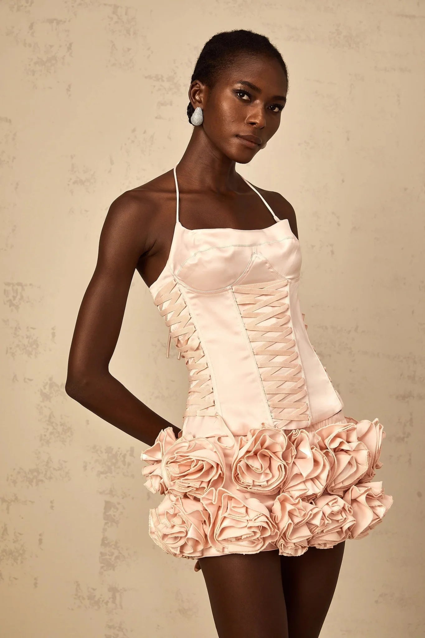 Lina Top & Skirt Set Pink Faux - Flower Halter Corset Mini Elasticized