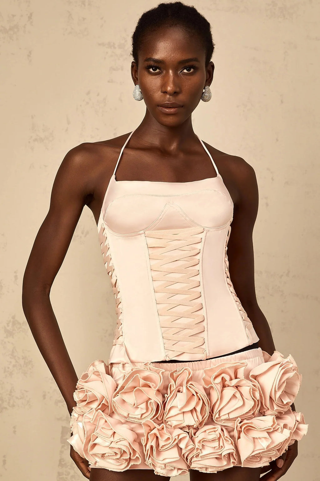 Lina Top & Skirt Set Pink Faux - Flower Halter Corset Mini Elasticized