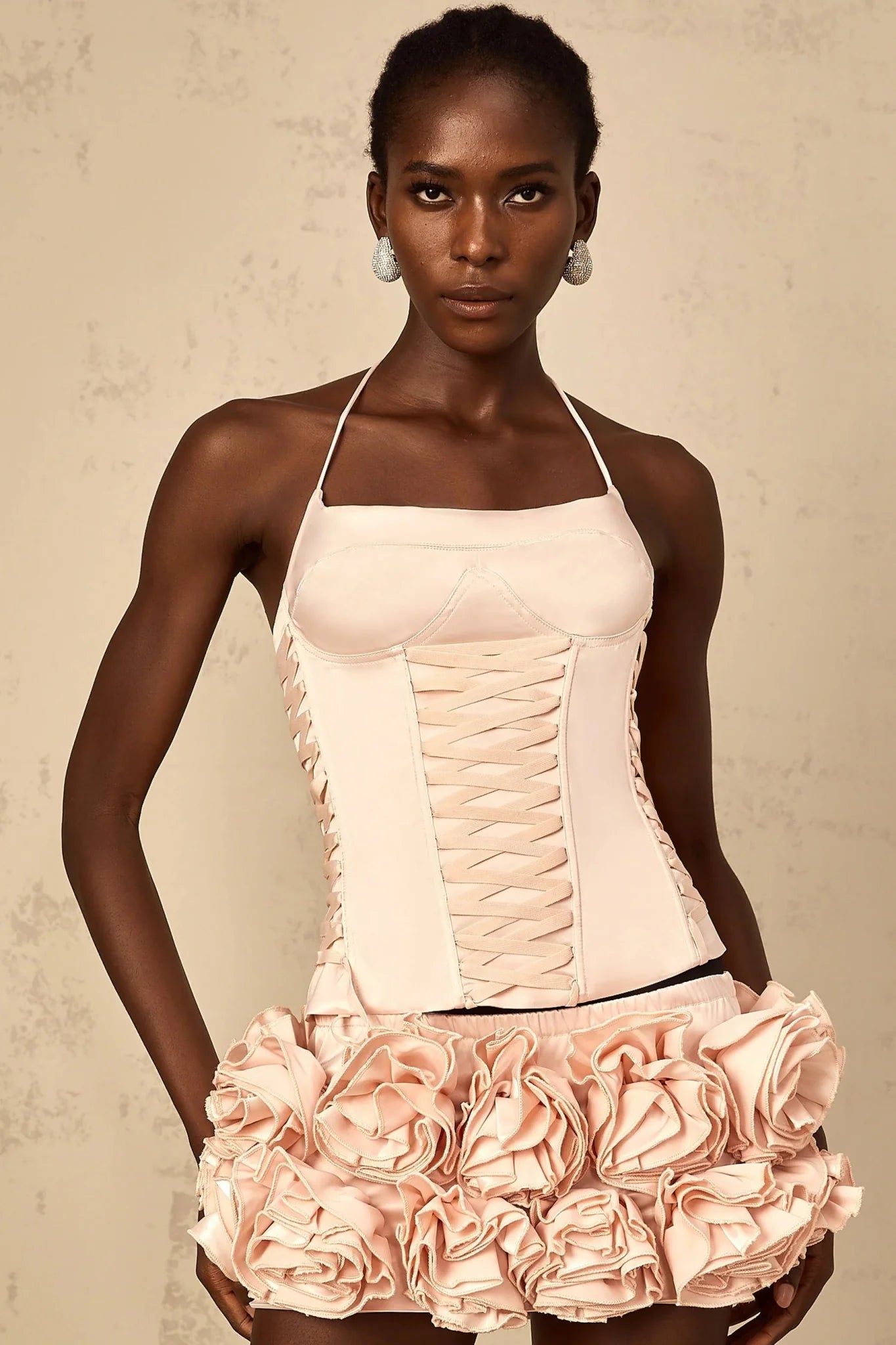 Lina Top & Skirt Set Pink Faux - Flower Halter Corset Mini Elasticized