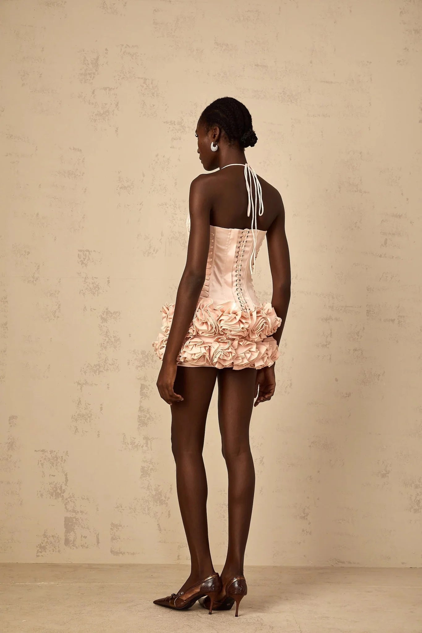 Lina Top & Skirt Set Pink Faux - Flower Halter Corset Mini Elasticized