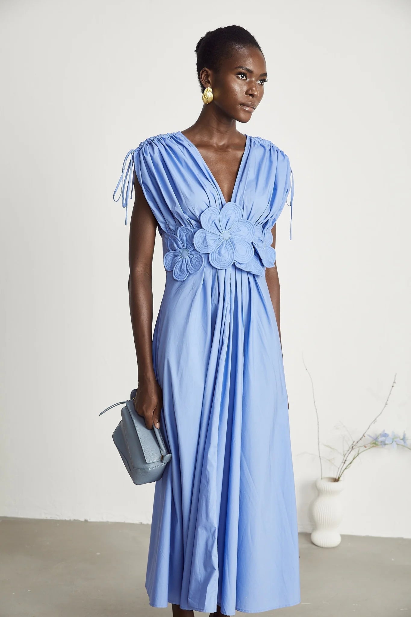 Lina Vibrant Blue Maxi Dress with Petal Details and Ribbon Accent