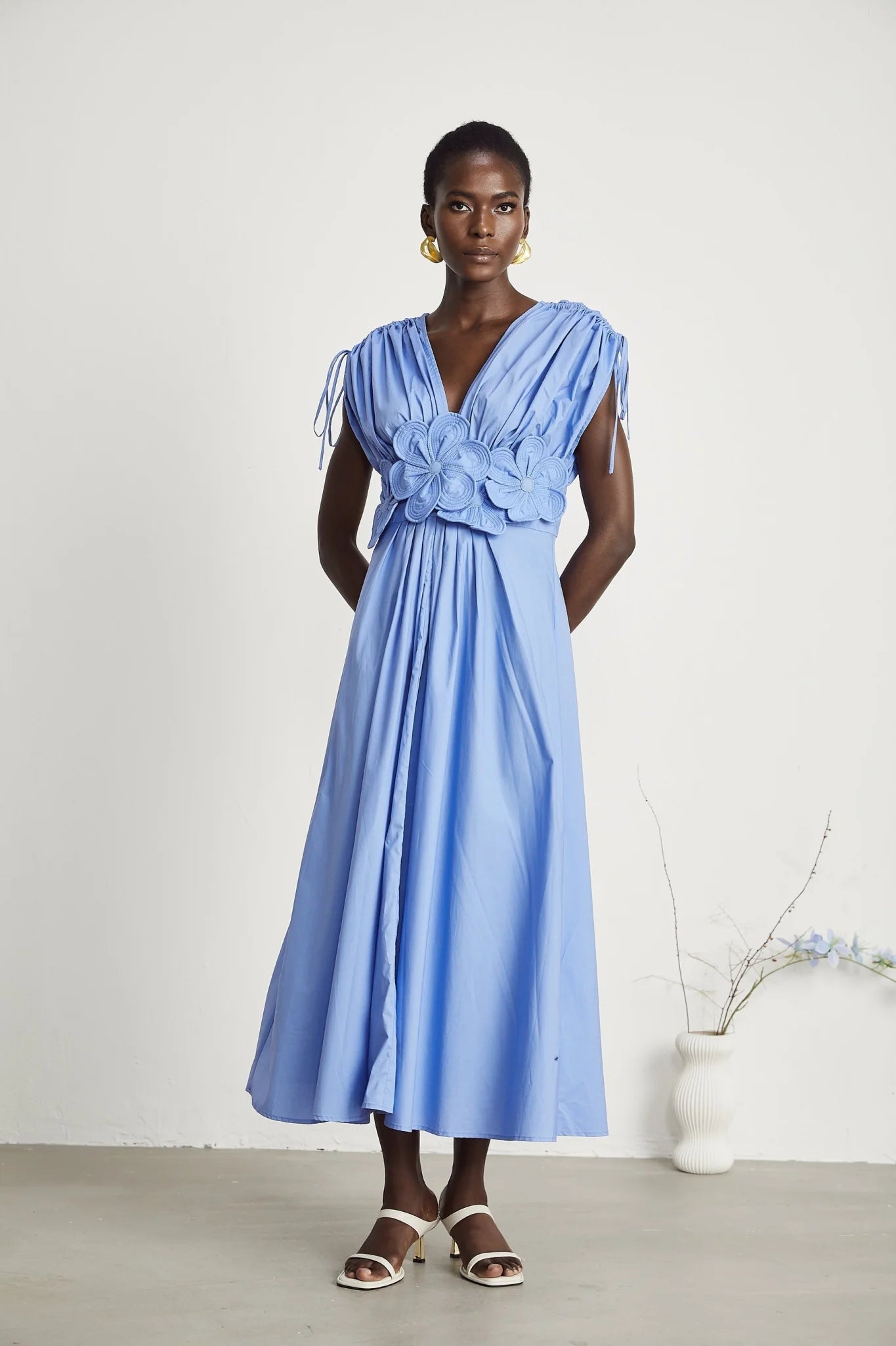 Lina Vibrant Blue Maxi Dress with Petal Details and Ribbon Accent