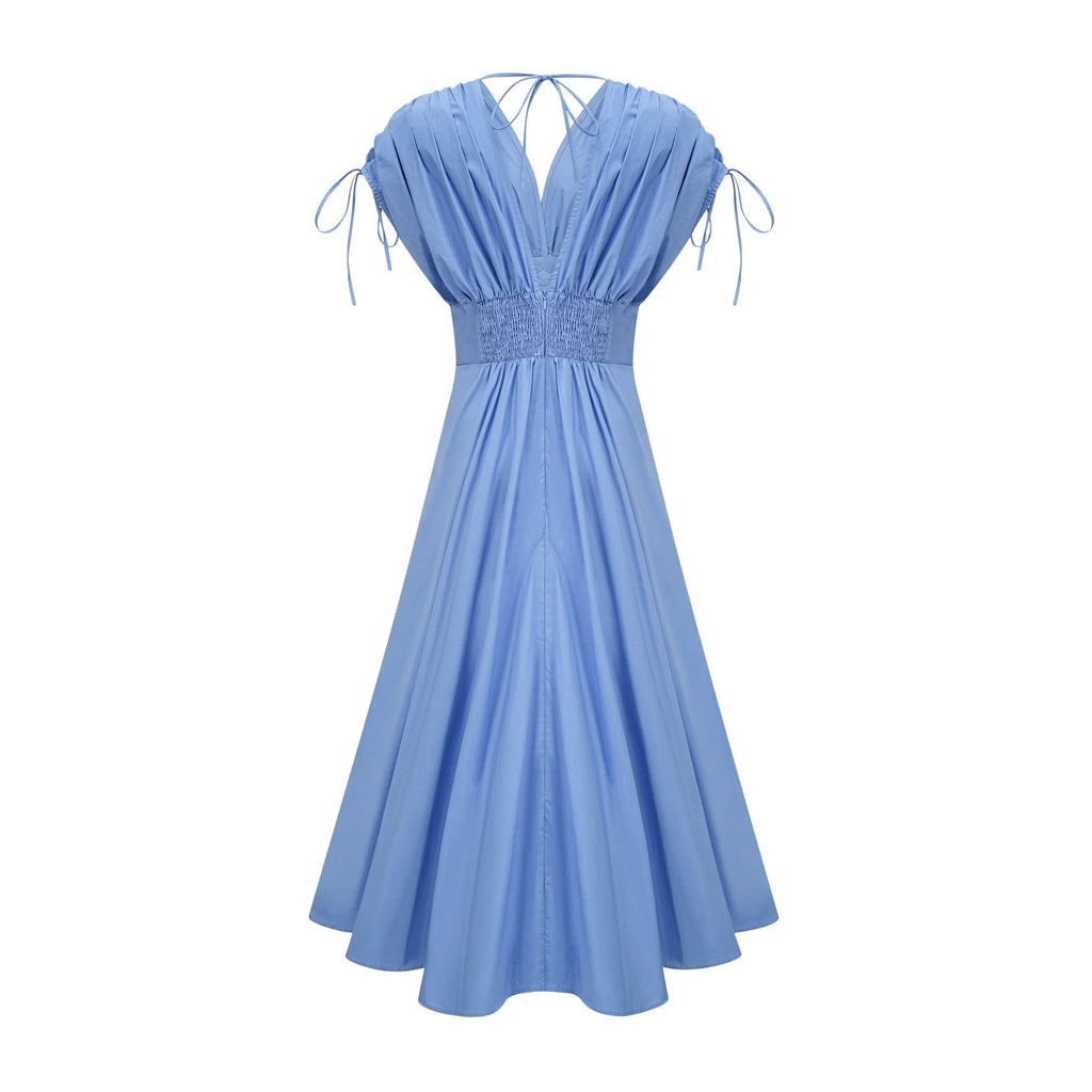 Lina Vibrant Blue Maxi Dress with Petal Details and Ribbon Accent