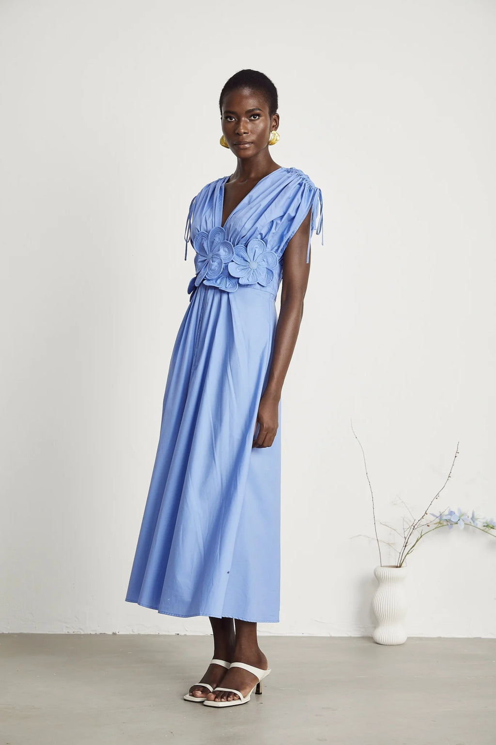 Lina Vibrant Blue Maxi Dress with Petal Details and Ribbon Accent