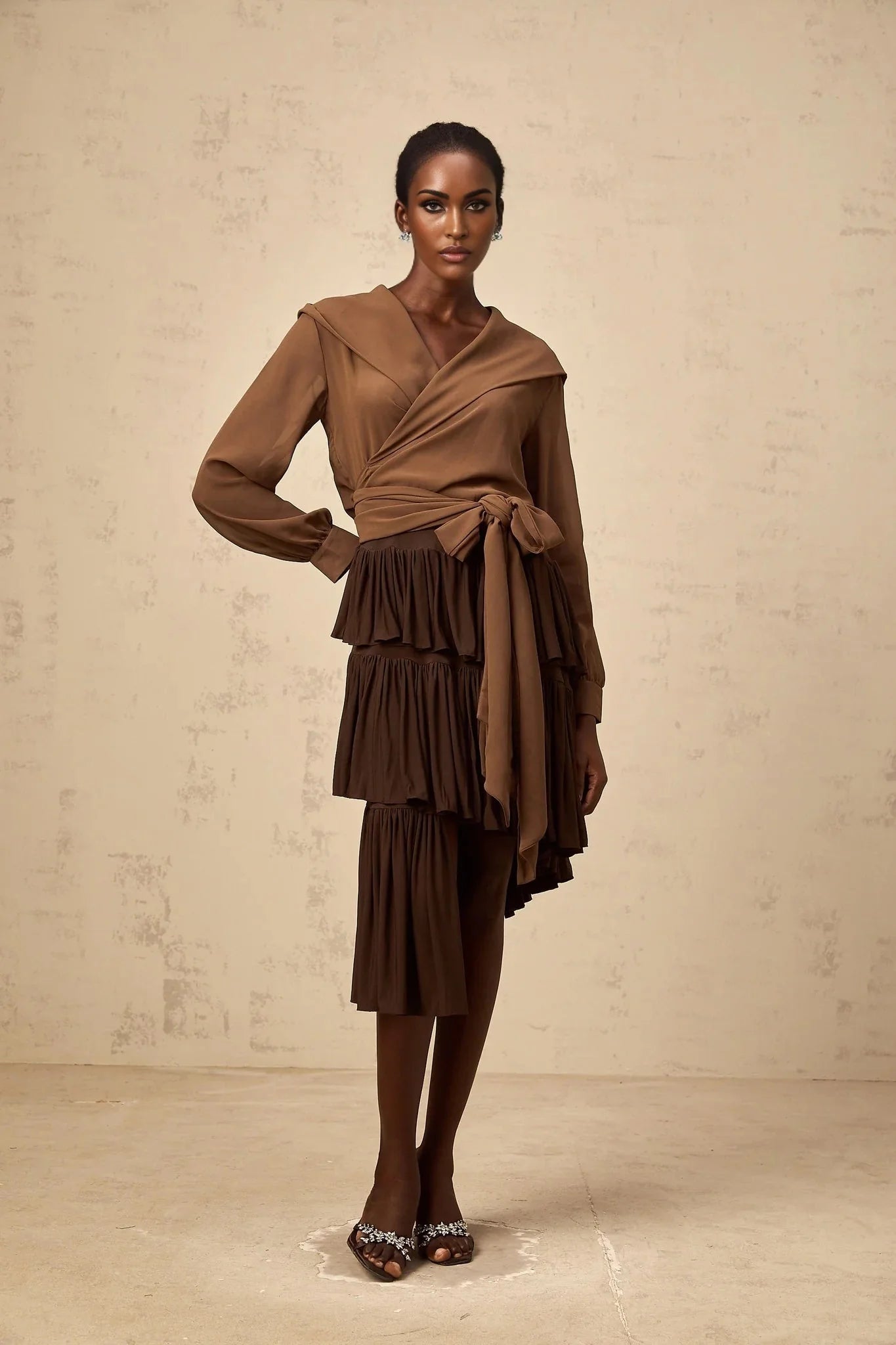 Liora Brown Pleated Tiered Mini Skirt