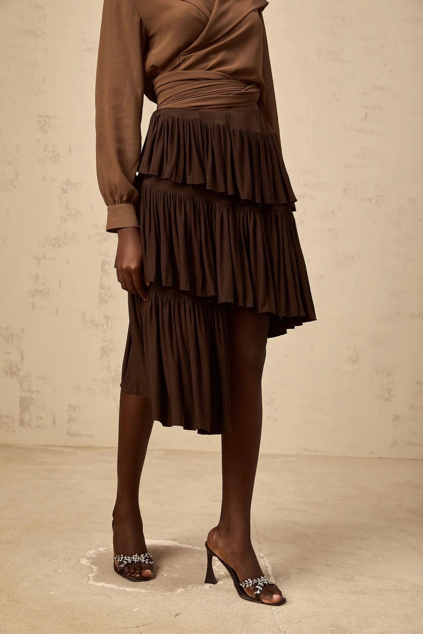 Liora Brown Pleated Tiered Mini Skirt