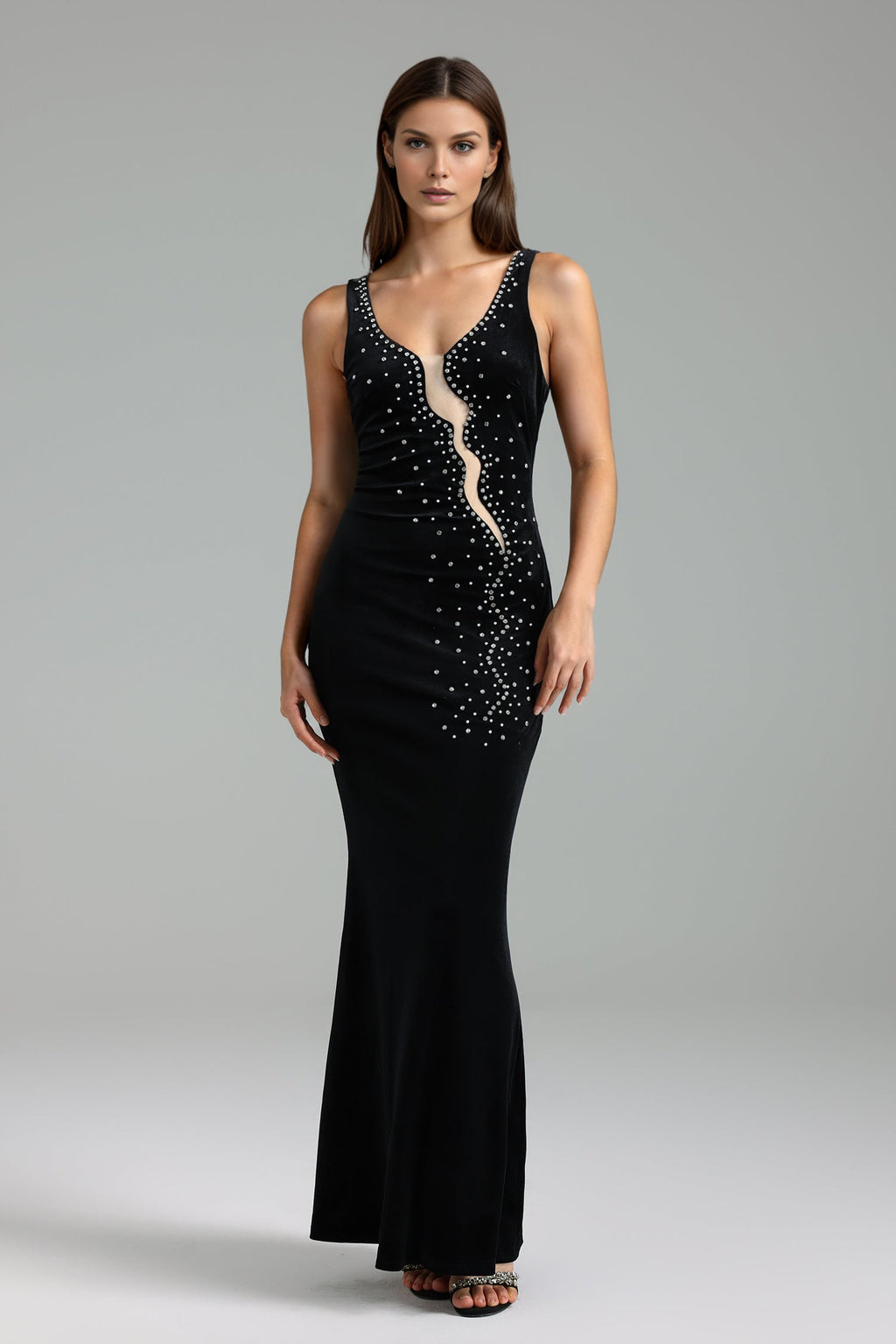 Lodovica Black Slim Silhouette Dress with Shimmering Embellishments for Evening Events or Formal Gatherings