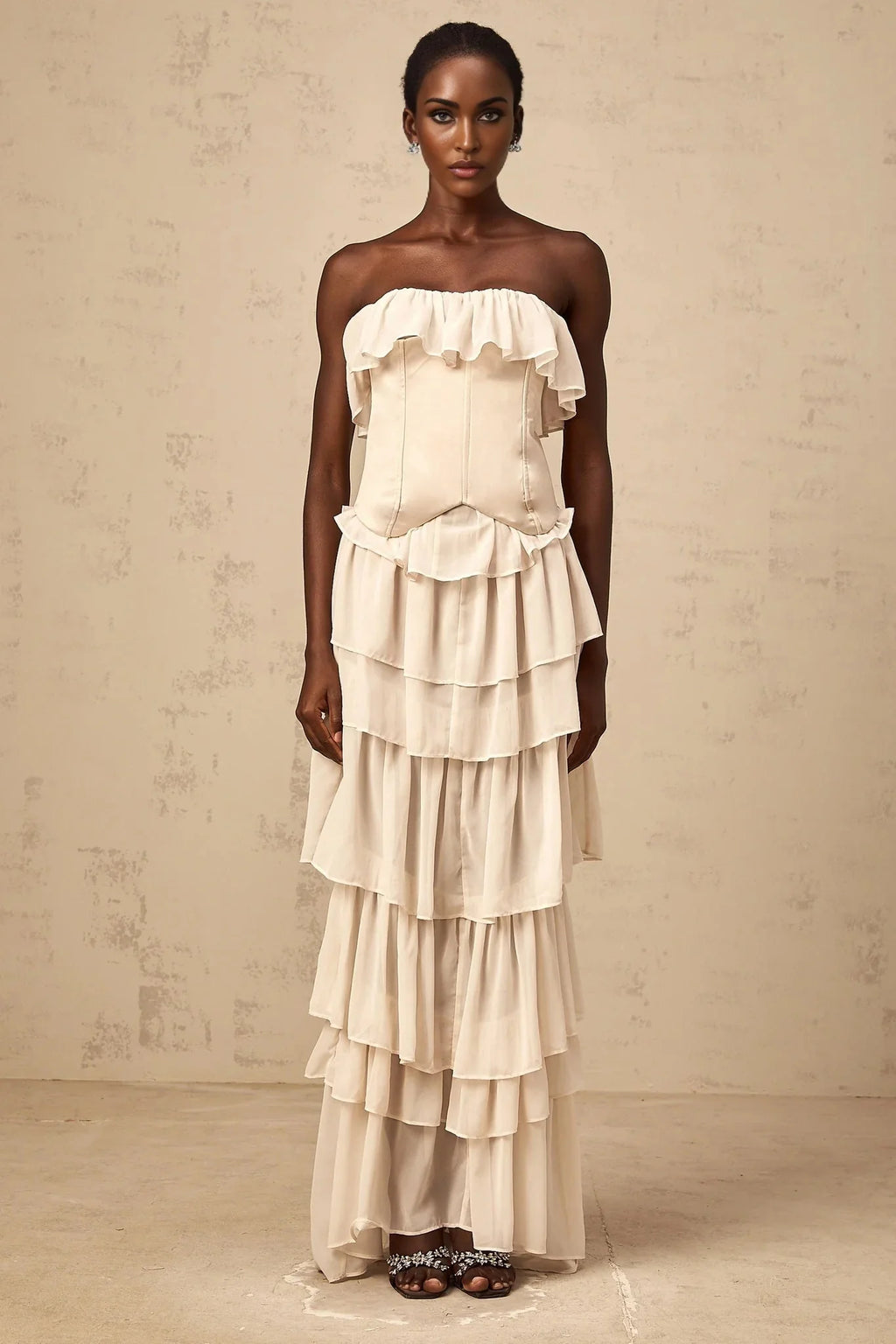 Lodovica Corset & Dress Set with Layered Ruffles in Neutrals