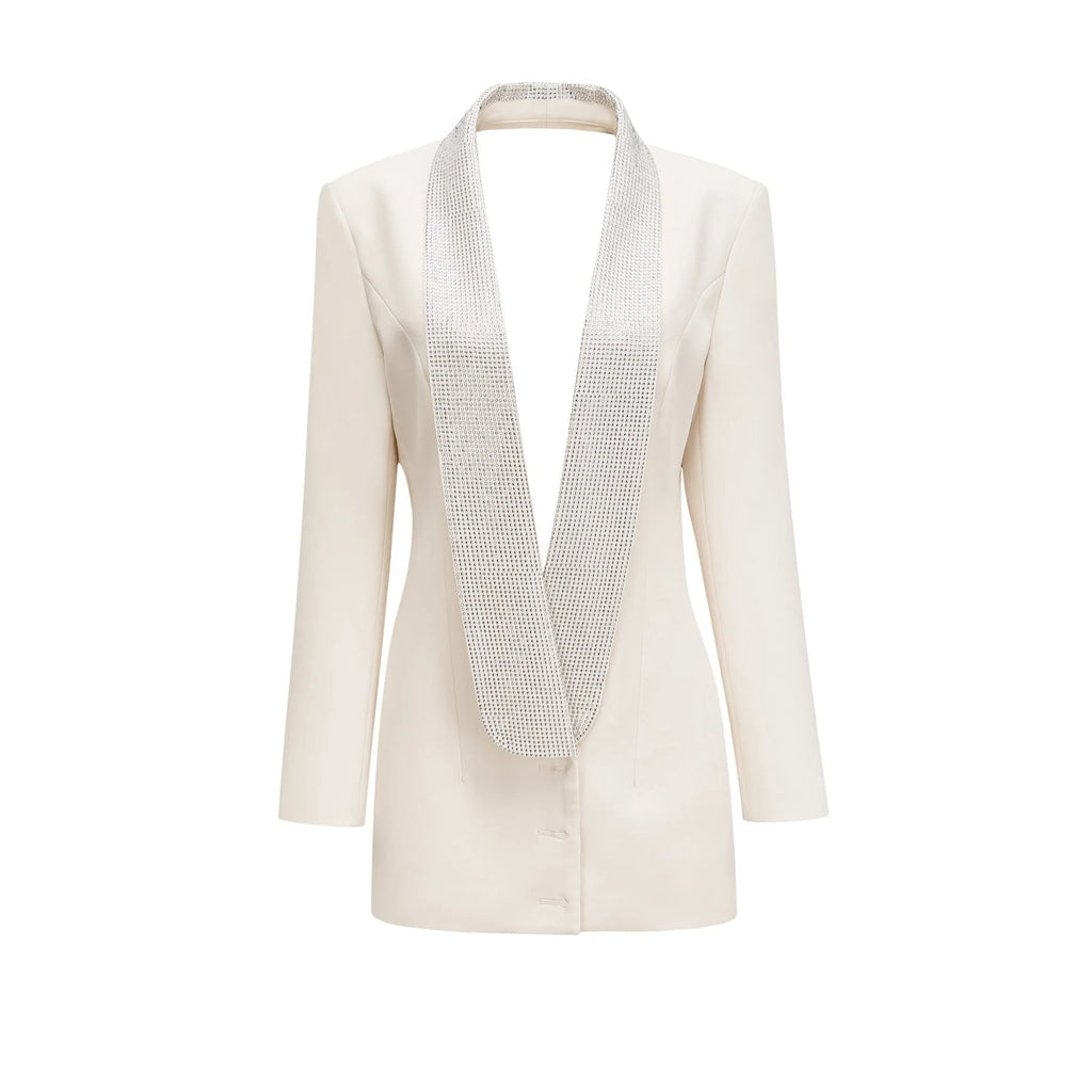 Lola Coat White Crystal Embellished VNeck Thigh Length
