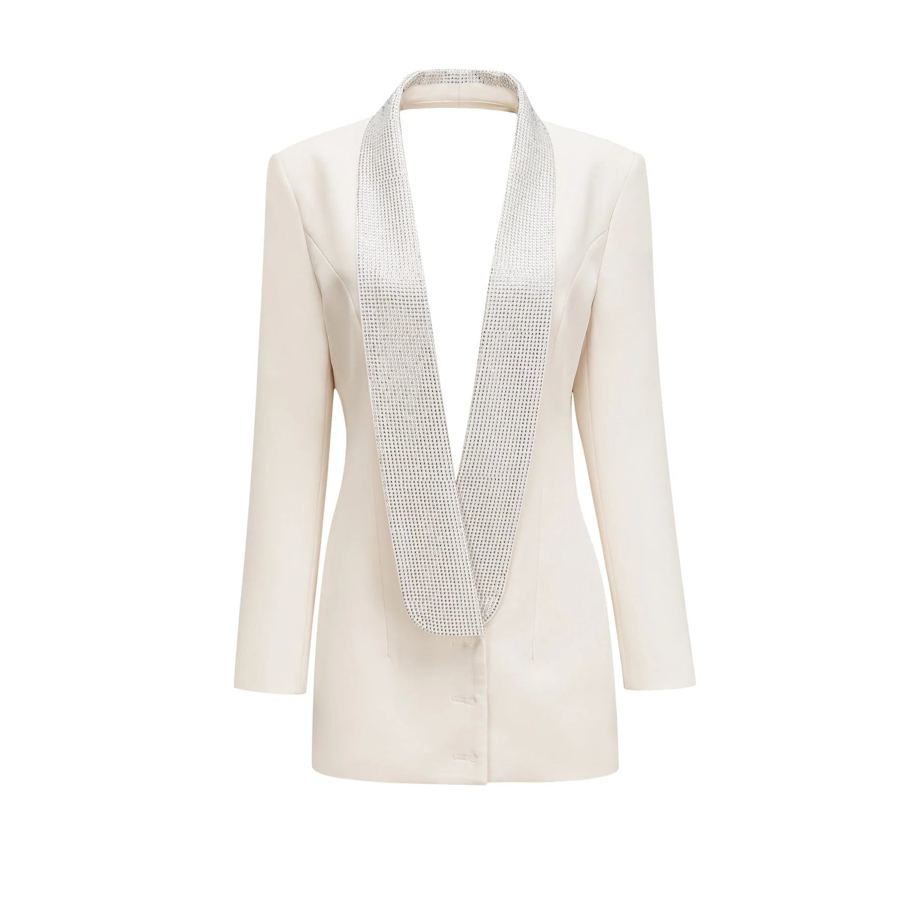 Lola Coat White Crystal Embellished VNeck Thigh Length