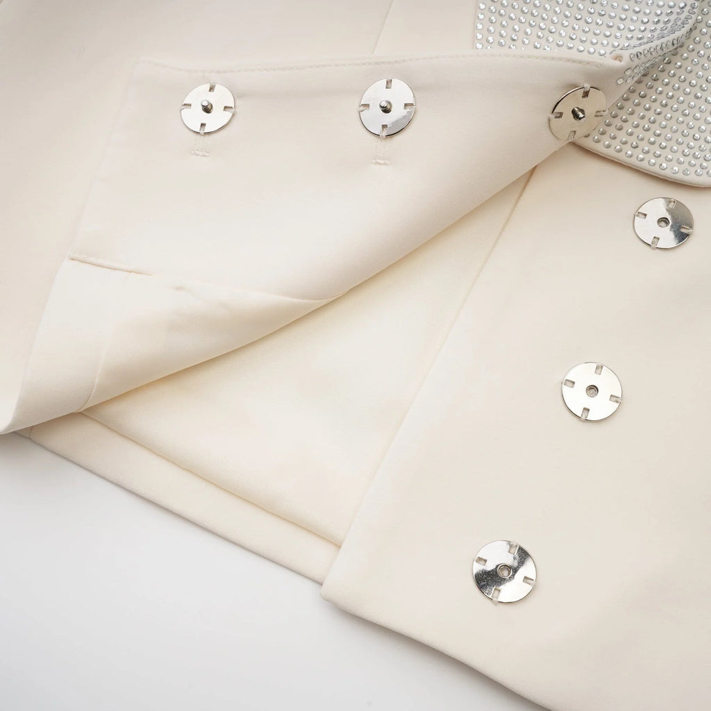 Lola Coat White Crystal Embellished VNeck Thigh Length