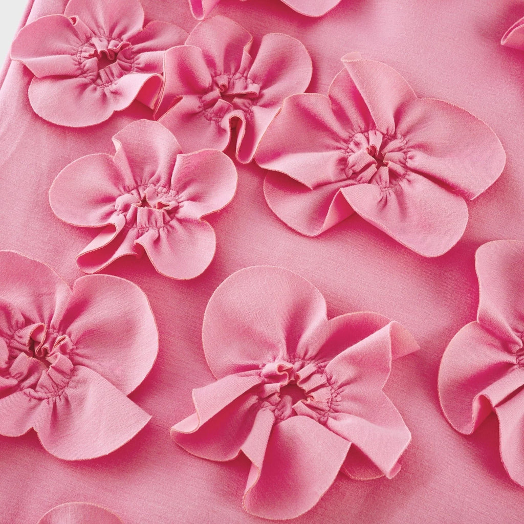 Lola Pink Maxi Dress with Faux - Flower Detail, Bow Neckline and Flounce Hem