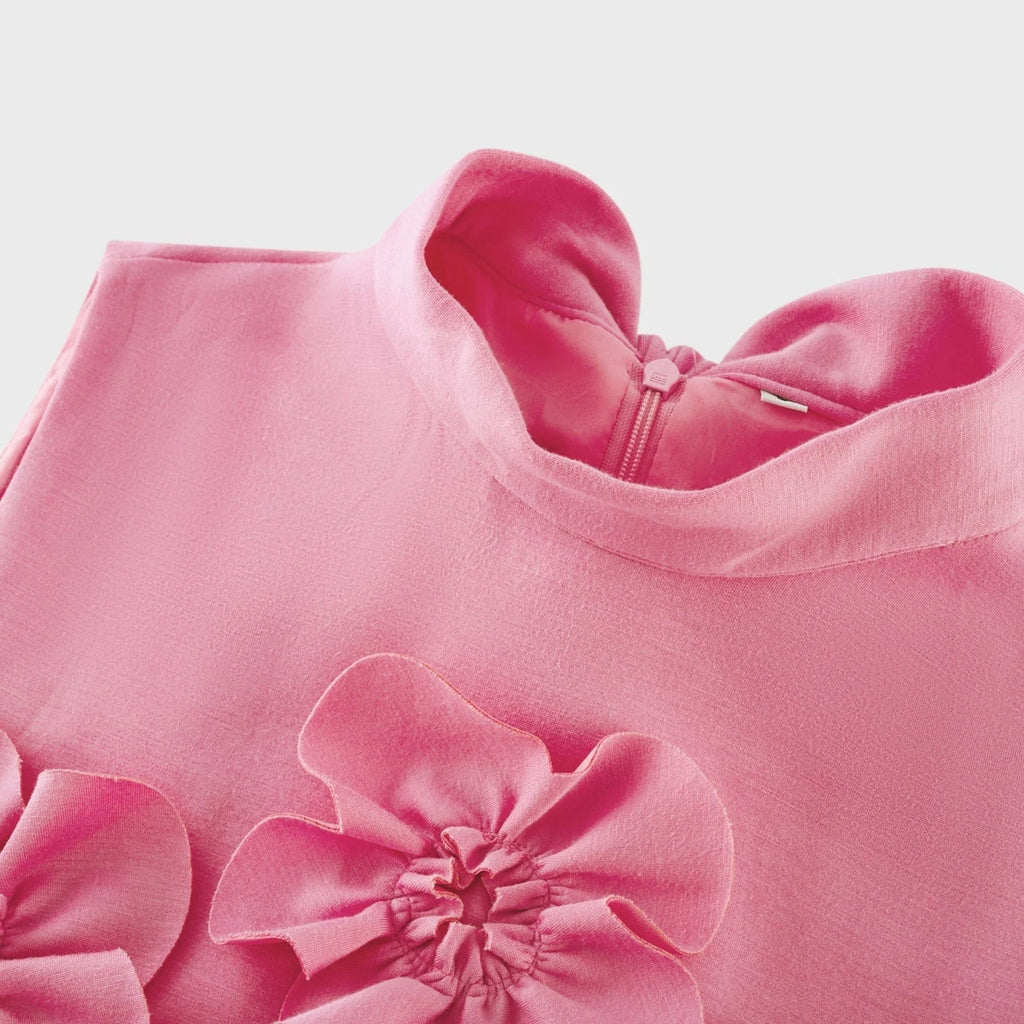 Lola Pink Maxi Dress with Faux - Flower Detail, Bow Neckline and Flounce Hem