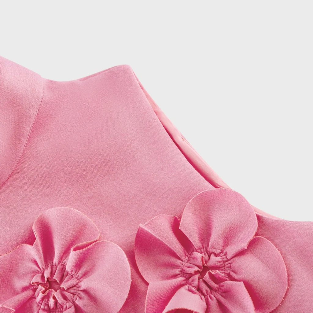 Lola Pink Maxi Dress with Faux - Flower Detail, Bow Neckline and Flounce Hem