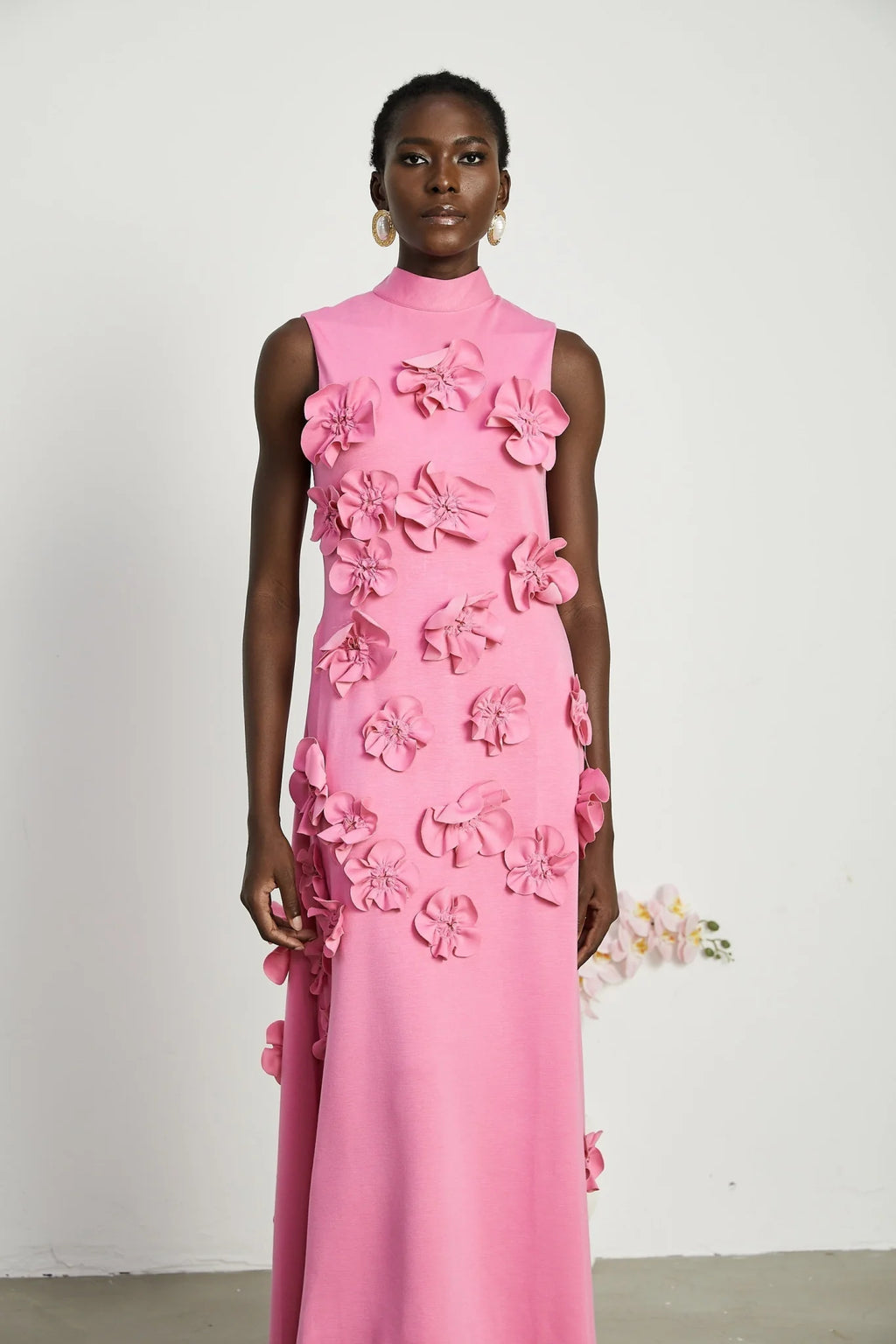 Lola Pink Maxi Dress with Faux - Flower Detail, Bow Neckline and Flounce Hem