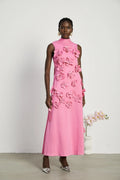 Lola Pink Maxi Dress with Faux - Flower Detail, Bow Neckline and Flounce Hem