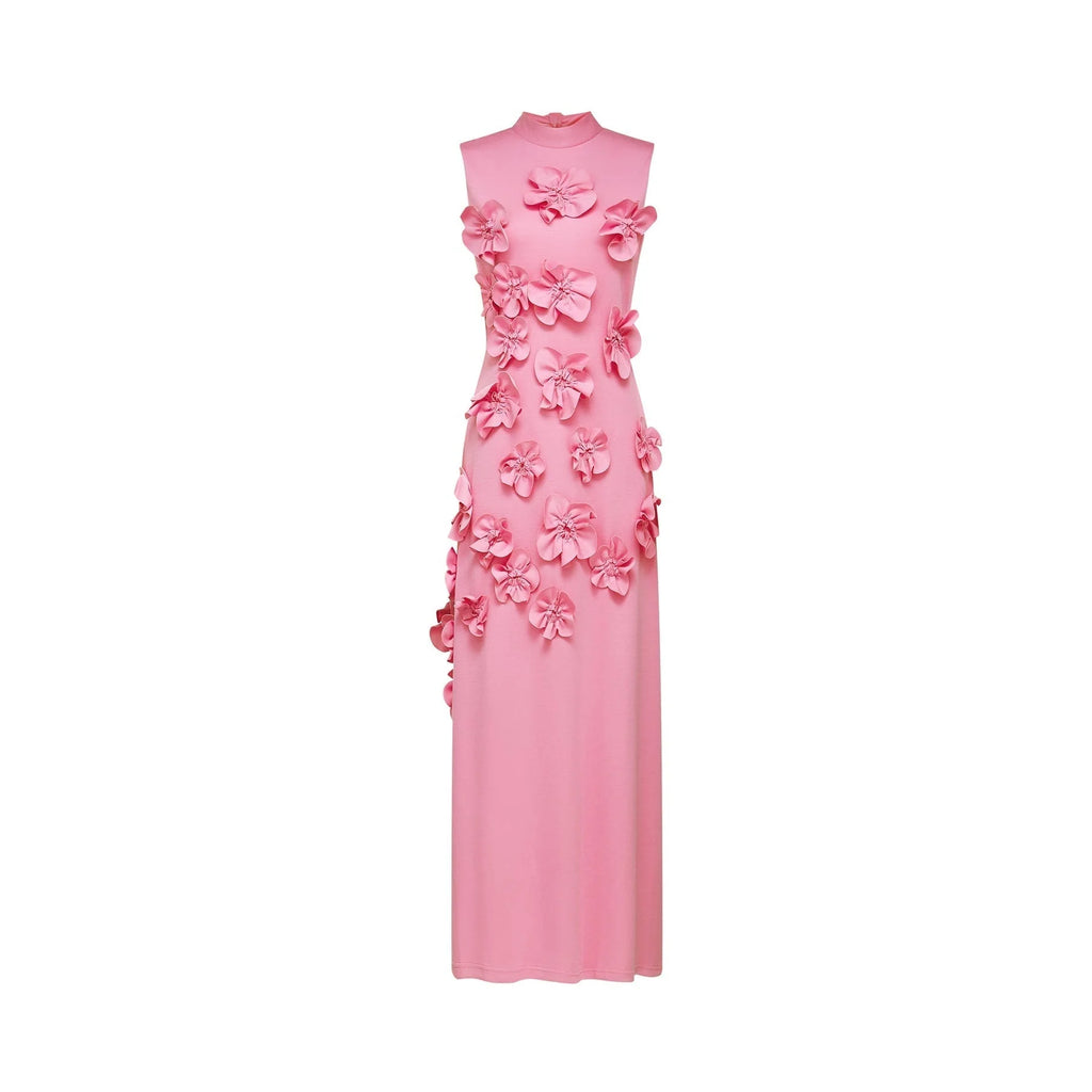 Lola Pink Maxi Dress with Faux - Flower Detail, Bow Neckline and Flounce Hem