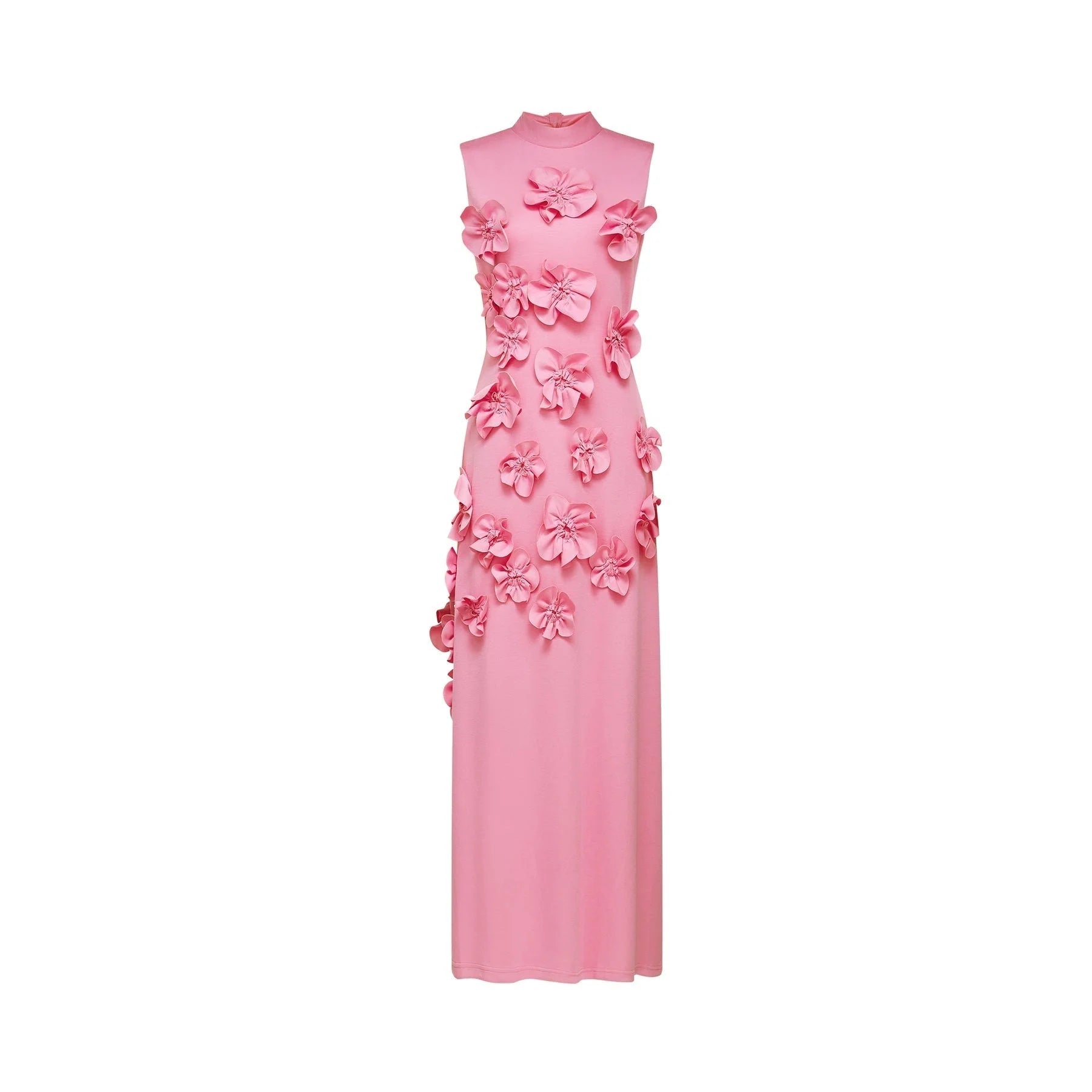 Lola Pink Maxi Dress with Faux - Flower Detail, Bow Neckline and Flounce Hem