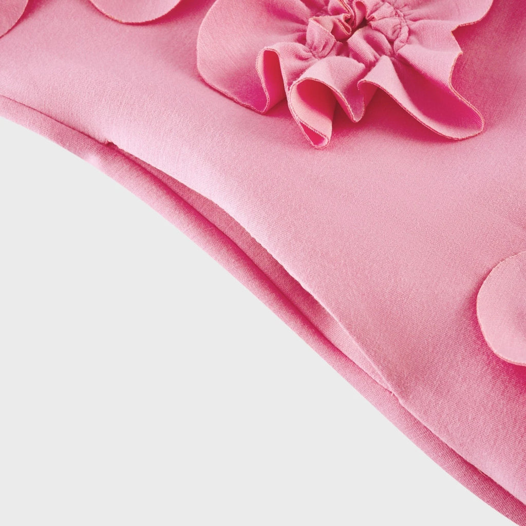 Lola Pink Maxi Dress with Faux - Flower Detail, Bow Neckline and Flounce Hem