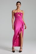 Lola Pink Strapless Ruffled Neckline Cutout Detail Slit Side Dress